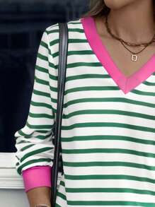SHEIN LUNE New Fashion Women Colorblock Striped Print V-Neck Casual Pullover Sweatshirt Fall - Multicolor - View 3