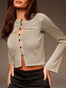 Athîral Conjunto de Cardigan Cropped de Manga Longa e Decote Único e Top de Tricô Sem Mangas de Cor Sólida, Roupas de Outono para Mulheres, Roupas de Halloween - Caqui - Visão 5