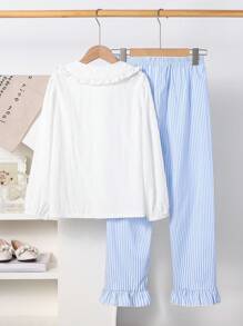 2 件套女童时尚可爱蝴蝶结装饰长袖衬衫和休闲编织格子裤套装 - 藍白色 - 查看 10