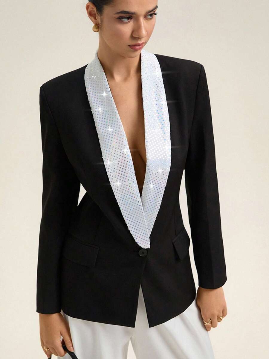 EMERY ROSE Bộ vest vải dạ hội tay dài cổ chữ V sâu thời trang, cài khuy đơn - màu đen - Xem 1