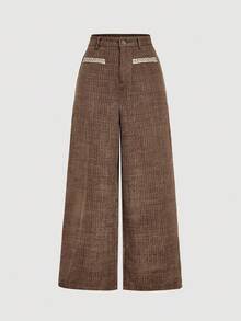 SHEIN MOD 高腰厚花呢阔腿裤咖啡棕色裤子，棕色阔腿裤，花呢裤，筒腿裤，返校季，秋季女装，高腰阔腿裤，咖啡棕色，女裤 - 咖啡棕 - 查看 1