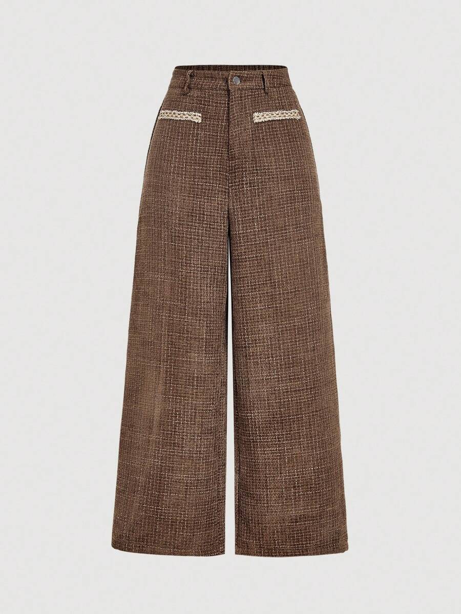 SHEIN MOD 高腰厚花呢阔腿裤咖啡棕色裤子，棕色阔腿裤，花呢裤，筒腿裤，返校季，秋季女装，高腰阔腿裤，咖啡棕色，女裤 - 咖啡棕 - 查看 1