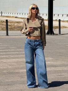 SHEIN ICON Women's Fashion Solid Color Double-Breasted Short Trench Coat Crop Top Jacket Summer Jacket Khaki Jacket Oversized Jacket Cropped Jacket In Fall/Winter