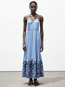 Lumivelle Women's Casual Vacation Floral Embroidery Ruffle Hem Long Strap Dress, Summer Summer Dress Clothes For University - Blue - View 4