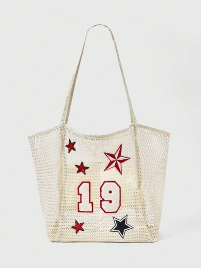 Grunge Punk 1pc Embroidered Letter Foldable Beach Bag, Mesh Net Tote Shoulder Bag For Women, Essential For Summer Outdoor Travel