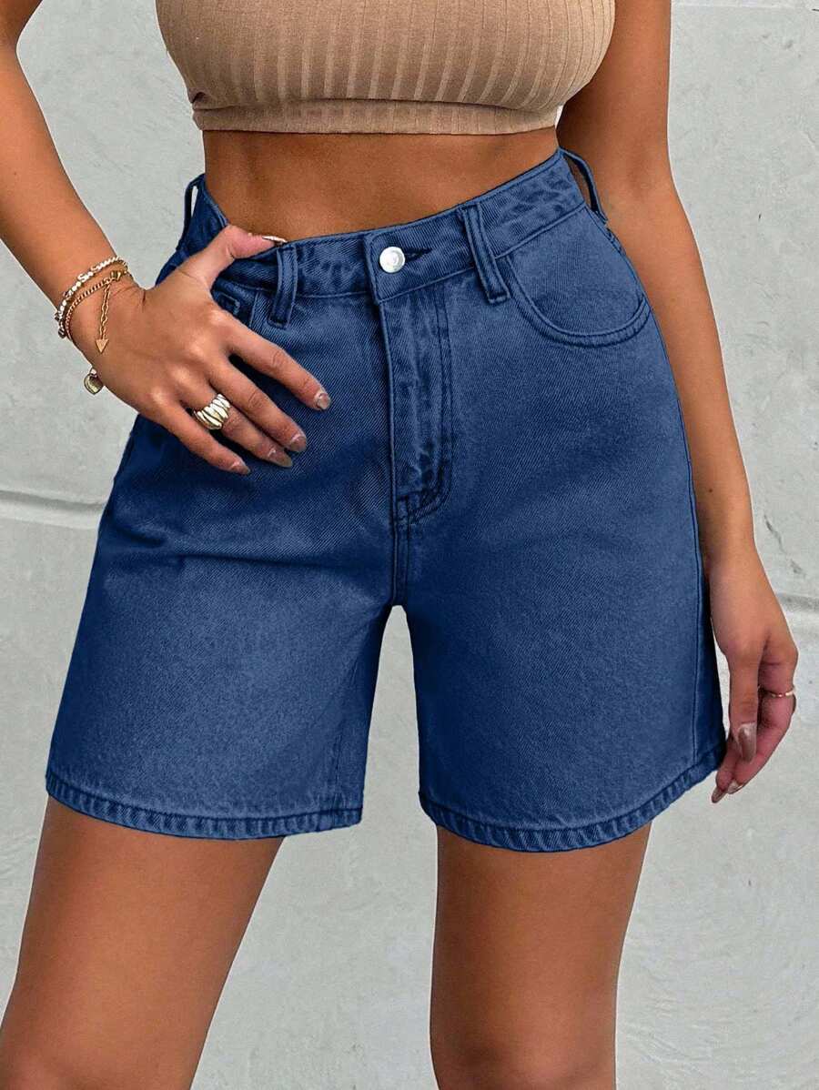 EURMUSE 100%Cotton LIGHT WASH HIGH WAIST SHORT - Teal Blue - View 1