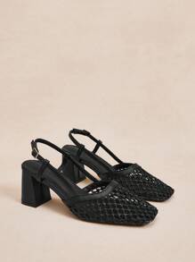 Rosivie Women's Fashion Brown Woven Hollow High Heel Pumps For Christmas - Black - View 5