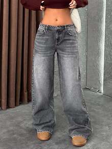 EURMUSE Dżinsy z niskim stanem i szerokimi nogawkami w stylu Y2K w kolorze szarym, wysokie