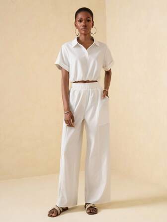 Vesra Damset med 2 delar, sommar, casual, vardagspendling, enkel, enfärgad, polotröja, kort topp och resår i midjan, vida ben