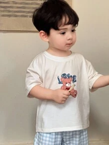 Hapijoa 2 件套幼儿男童卡通印花休闲圆领 T 恤和格子裤家居服套装 - 白色 - 查看 6