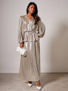 COSMINA Women's Elegant V-Neck Ruffle Sleeve Split 2 Pieces Set - Khaki - View 4