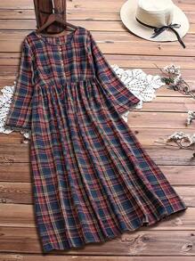 Linhara 大码女式休闲圆领长袖连衣裙，适合户外、日常穿着、乡村、秋冬季 - 彩色 - 查看 6