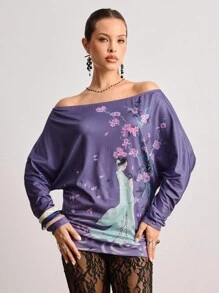ROMWE Avant 女士复古中国画花卉印花露肩宽松T恤 - 紫色 - 查看 8