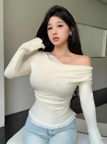 SHEIN LUNE Autumn/Winter Lace Patchwork Minimalist Flare Sleeve Knit Pullover Sweater For Women Knit Pullover Fall - Apricot - View 4