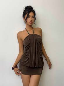 Aloruh 女式纯色褶饰串珠吊带迷你连衣裙，时尚夏季 - 咖啡 - 查看 5