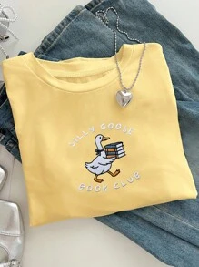 TaskSense قميص نادي القراءة المطرز بالأوزة الطريفة، قميص قارئ بألوان مريحة، هدية لعشاق الكتب، قميص مطرز بياقة دائرية لعشاق الكتب