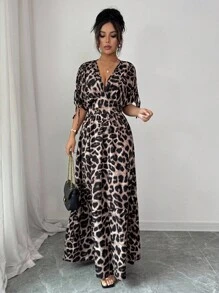 Elenzga Women's V-Neck Cinched Waist Leopard Print Flared Mid-Sleeve Long Dress - Khaki - View 5