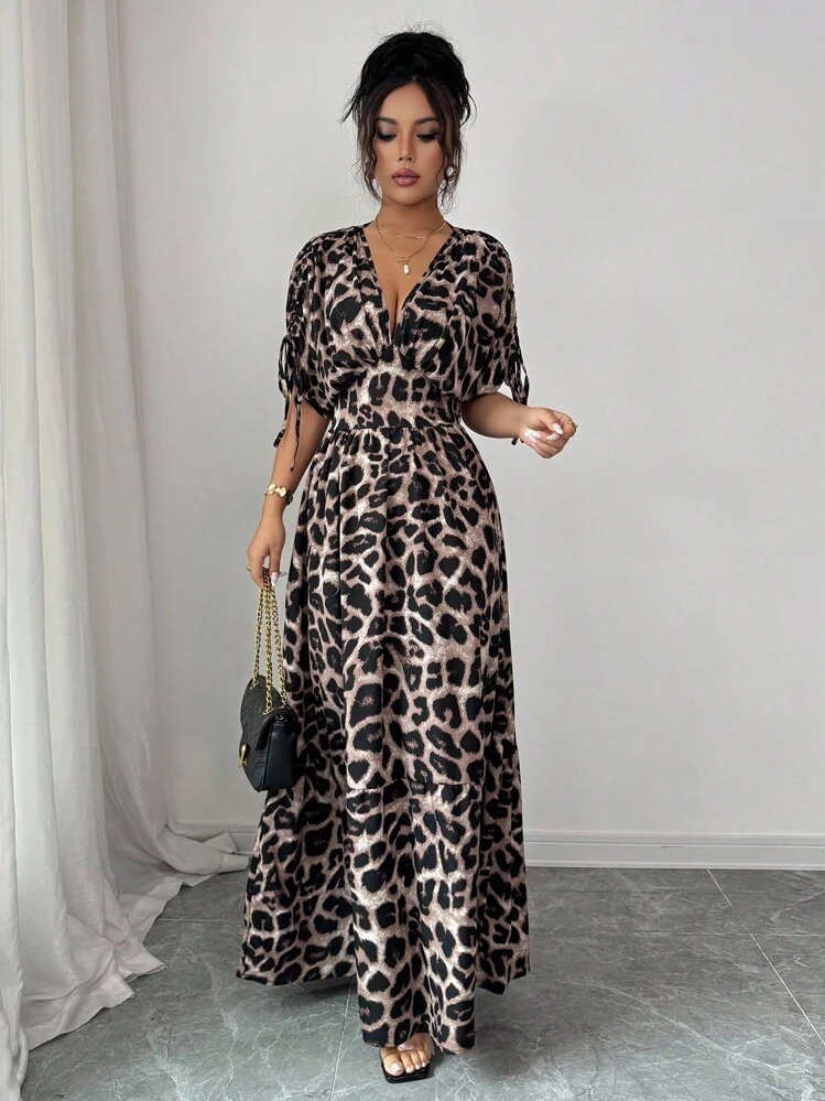 SHEIN Elenzya Women's V-Neck Cinched Waist Leopard Print Flared Mid-Sleeve Long Dress - Khaki - View 5