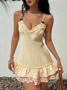 Sunnyshic 女式夏季休闲度假格子拼布碎花双层荷叶边吊带迷你连衣裙 - 黃色 - 查看 5