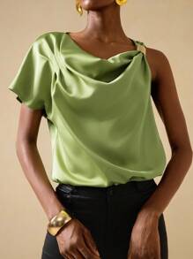 Vesra Blusa de satén con decoración de hebilla metálica asimétrica para mujer - Verde - Ver 3