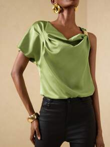 Vesra Blusa de satén con decoración de hebilla metálica asimétrica para mujer - Verde - Ver 4