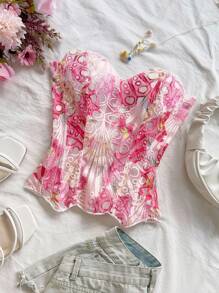 Soleia Sexy Off-The-Shoulder Lace Double-Layer Fitted Corset Bustier Top, Romantic Floral Hollow-Out Embroidered Bodysuit, Suitable For Vacation, Night Out, Wedding Guest, Fall Pink Floral Corset Top Pink Lace Corset Floral Tube Top Summer Corset Top - Pink - View 4