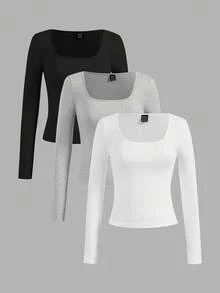 SHEIN CURVE+ Bộ 3 áo thun nữ size lớn, thường ngày, phù hợp cho mùa xuân và mùa thu - Nhiều màu - Xem 10