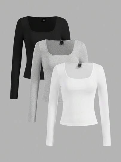 SHEIN EZwear Set de 3 camisetas casuales de manga corta y ajustadas para mujer, apropiadas para primavera y otoño