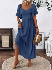 SHEIN LUNE Clasi Breezaya 女式淡蓝色波西米亚风方形优雅领口浪漫毕业生日礼服音乐会服装海滩女士服装泡泡袖露背蝴蝶结连衣裙带蝴蝶结春夏超长度假柔软面料荷叶边袖长裙 - 藏蓝色 - 查看 5