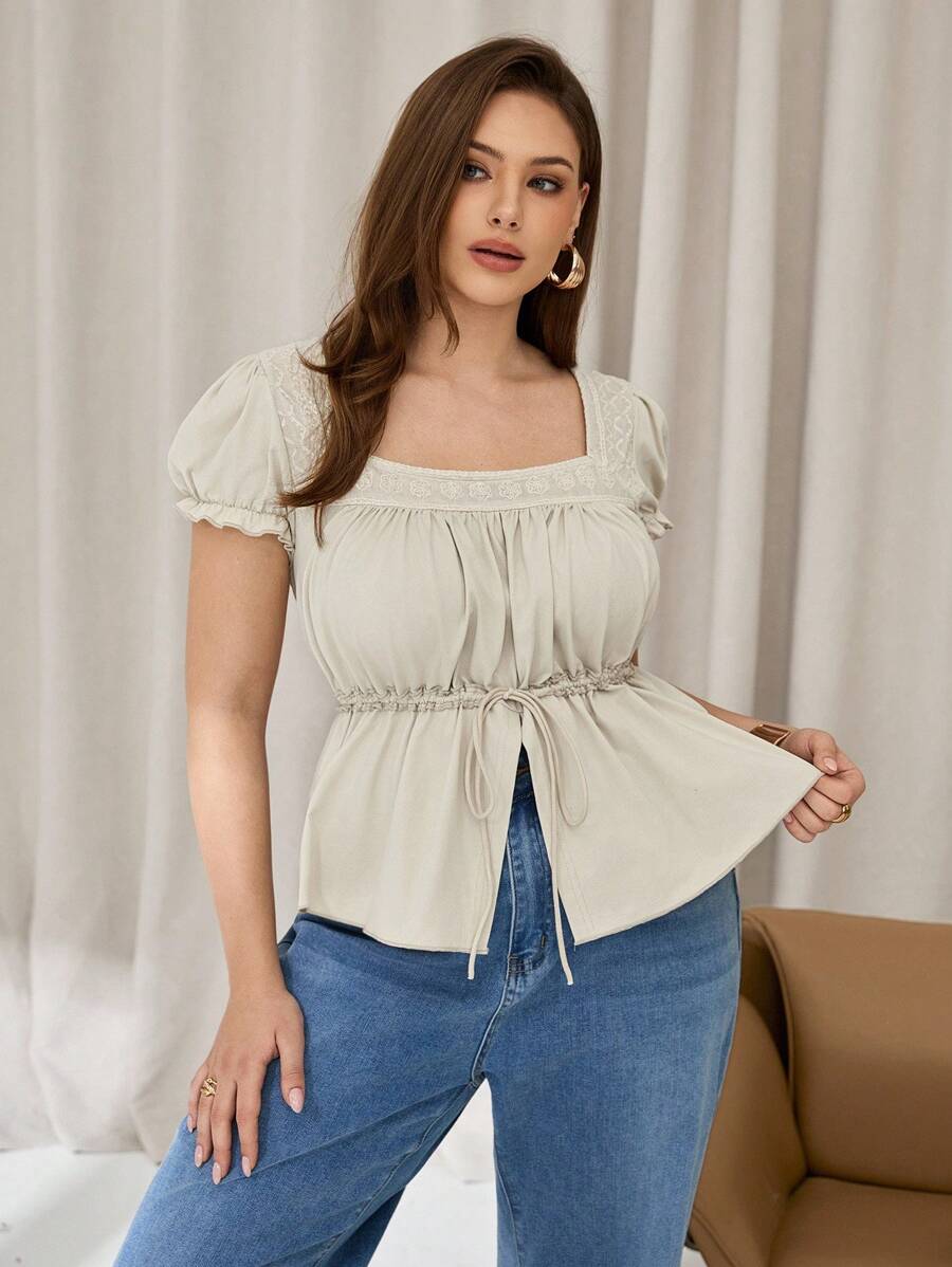 Auralis Plus-Size Women's Short-Sleeved Shirt,Elegant Beige Summer Wedding Guest Tops,Cute Y2k Funny Casual Top - Apricot - View 1