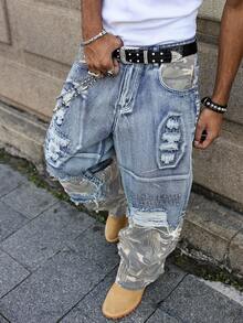 Manfinity Roghcode Casual Distressed Camouflage Patchwork Wide Leg Loose Fit Jeans, American Streetwear Style Baggy Ripped Jeans Men Camo Jeans Men Streetwear Jeans - Blue - View 5