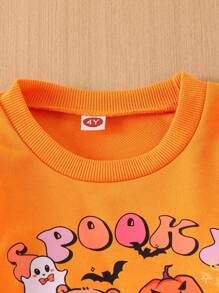 Young Girls' Halloween Capybara Print Long Sleeve Sweatshirt And Flare Pants Set, And Cute Knitted 2 Pieces Outfit For Autumn Girls Halloween Outfit Girls 2 Piece Outfit Fall Kid Clothes Halloween Pajamas Girls Fall Outfit - Orange - View 4