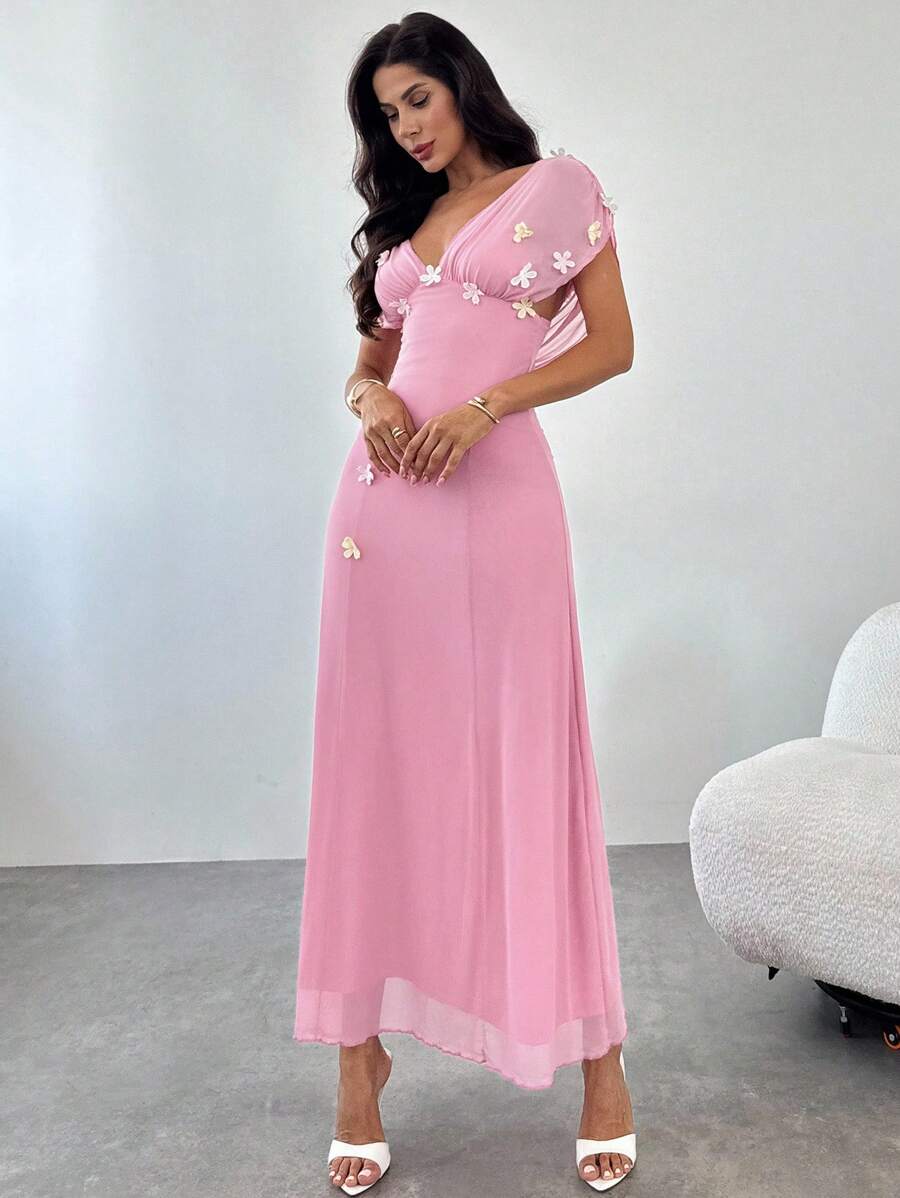 Firerie 女士休闲优雅 3D 花卉装饰吊带垂坠领网眼长裙/荷叶边裙/粉色裙/女士秋季连衣裙/秋装/返校节连衣裙/教师连衣裙/女士教堂连衣裙/商务休闲女士/女士约会夜服装/浪漫约会夜