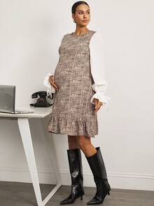 MaterniWear Office,Business Casual Woman,Fall Clothes,Autumn Clothes,Maternity Autumn Clothes Maternity Maternity Casual Ruffle Hem Puff Sleeve Dress - Khaki - View 4