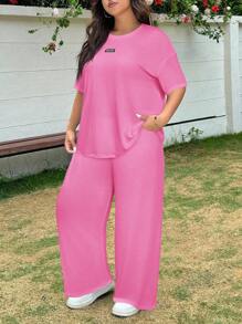 SHEIN EZwear 2 件套大码女式字母印花落肩 T 恤和阔腿裤，宽松版型，春夏两件套，粉色套装 - 粉色 - 查看 5