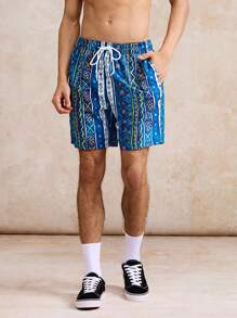 Surfspeed Men's Elastic Waist Drawstring Loose Casual Summer Beach Pants (Printed Asymmetrical Pattern) - Blue - View 3