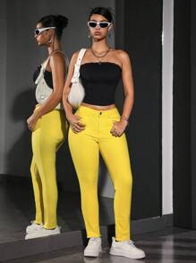 SHEIN PETITE 女式口袋紧身休闲百搭牛仔裤 - 黃色 - 查看 5