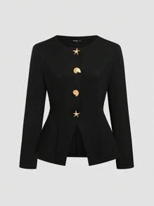 SHEIN Sweetro Plus Size Elegant Metal Buckle Decor Commuter Jacket Fall Winter Cloth For Women Autumn - Black - View 10