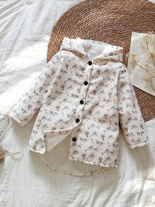 SHEIN Vintaside Kids Chaqueta con capucha con botones, forrada térmicamente y con estampado floral ditsy para niña, de moda y casual para uso diario