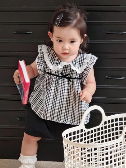 Dazy Kids 2pcs Baby Girls' Plaid Casual Korean Style Flutter Sleeve Shirt With Bowknot Outfit Set
