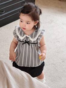Dazy Kids 2pcs Baby Girls' Plaid Casual Korean Style Flutter Sleeve Shirt With Bowknot Outfit Set - Black - View 2
