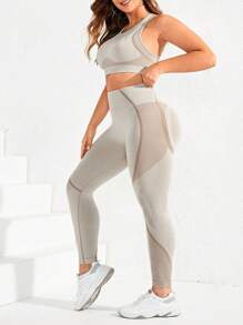 Rhythm Era 大码女式短款背心和紧身裤运动套装 - 卡其色 - 查看 6