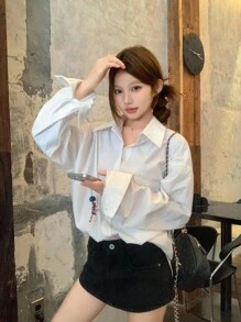 DAZY 女士纯色翻领镂空蝴蝶结韩版长袖衬衫，秋装 - 白色 - 查看 7