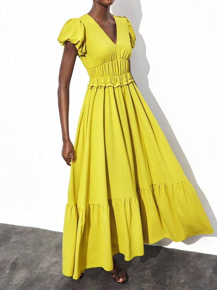 SHEIN Maija Women's Autumn/Winter Elastic Waist Shirred Puff Sleeve Flared Hem Sundress, Loose & Comfortable Business Casual Elegant Dress, Suitable For Christmas, Halloween Party, Gathering