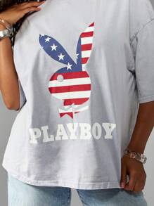 Missguided x Playboy 超大号个性T恤，带有美国国旗兔子图案，爱国图案，七月四日节夏季街头服饰 - 淺藍色 - 查看 5