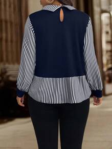 EMERY ROSE Plus Size Women Casual Striped Patchwork Blouse Fall Cloth For Women - Navy Blue - View 2