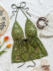 Soleia 休闲 V 领露背纹理面料白色女式吊带背心，适合派对、节日、约会、情人节、下午茶 - 綠色 - 查看 1