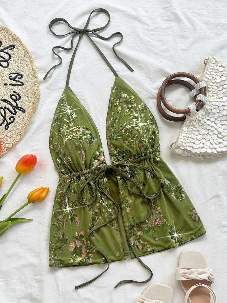 Soleia 休闲 V 领露背纹理面料白色女式吊带背心，适合派对、节日、约会、情人节、下午茶 - 綠色 - 查看 1