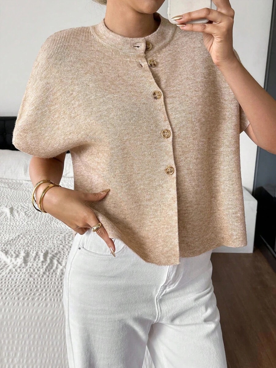 SHEIN Frenchy Women's Solid Color Round Neck Batwing Short Sleeve Single-Breasted Knitted Cardigan Winter Casual - Apricot - View 1