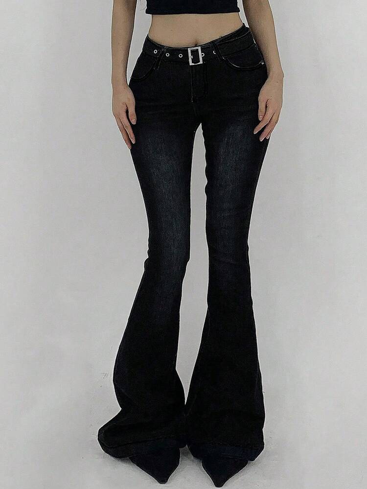 Women's Waist Belt Skinny Flare Leg Jeans Low Rise Jeans